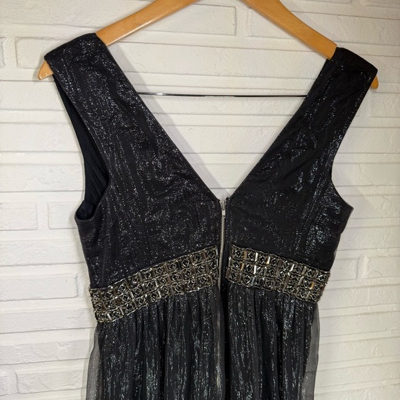 Black Metallic Silver Rhinestone Waist Band Silk Gown, Women’s Size Medium - Picture 7 of 11